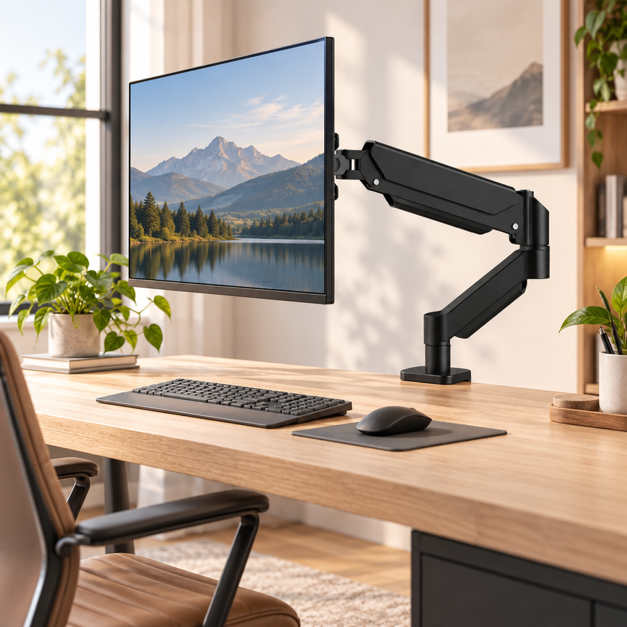 Support écran PC Orbit 32 installé sur un bureau lumineux, bras articulé libérant l’espace de travail