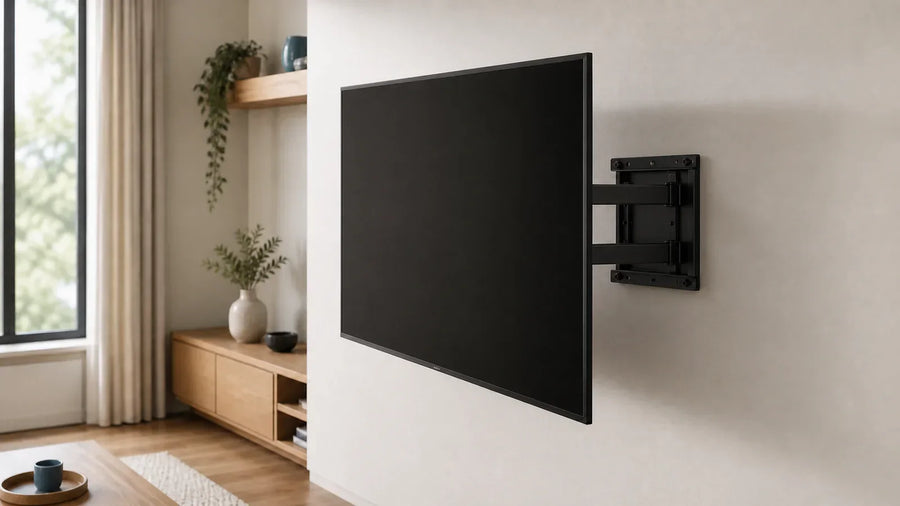 Téléviseur installé avec un support mural articulé dans un salon contemporain