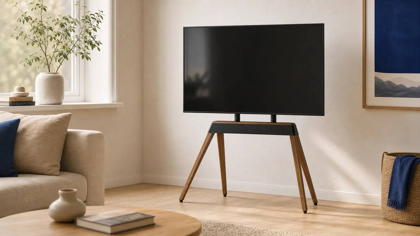 Téléviseur installé sur un support TV Norden Frame XL dans un salon lumineux