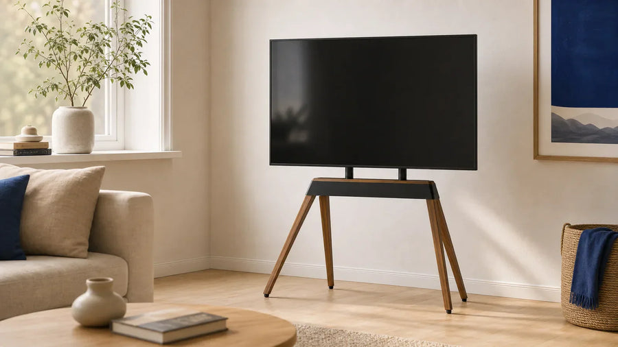 Téléviseur installé sur un support TV Norden Frame XL dans un salon lumineux