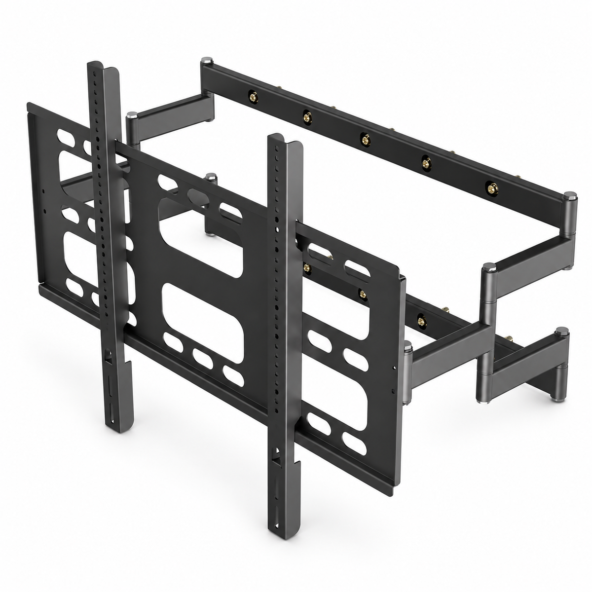 Support mural TV articulé double bras noir Norden Atlas 100, vue de trois quarts sur fond blanc.