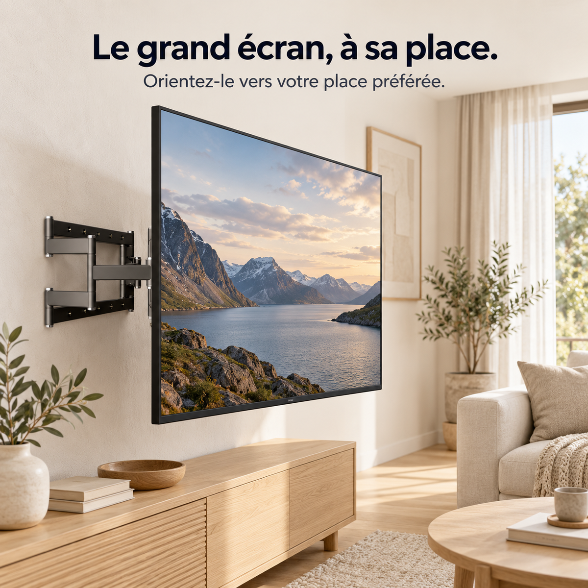 Grand téléviseur orienté vers le canapé dans un salon lumineux, sur support mural double bras Atlas 100.