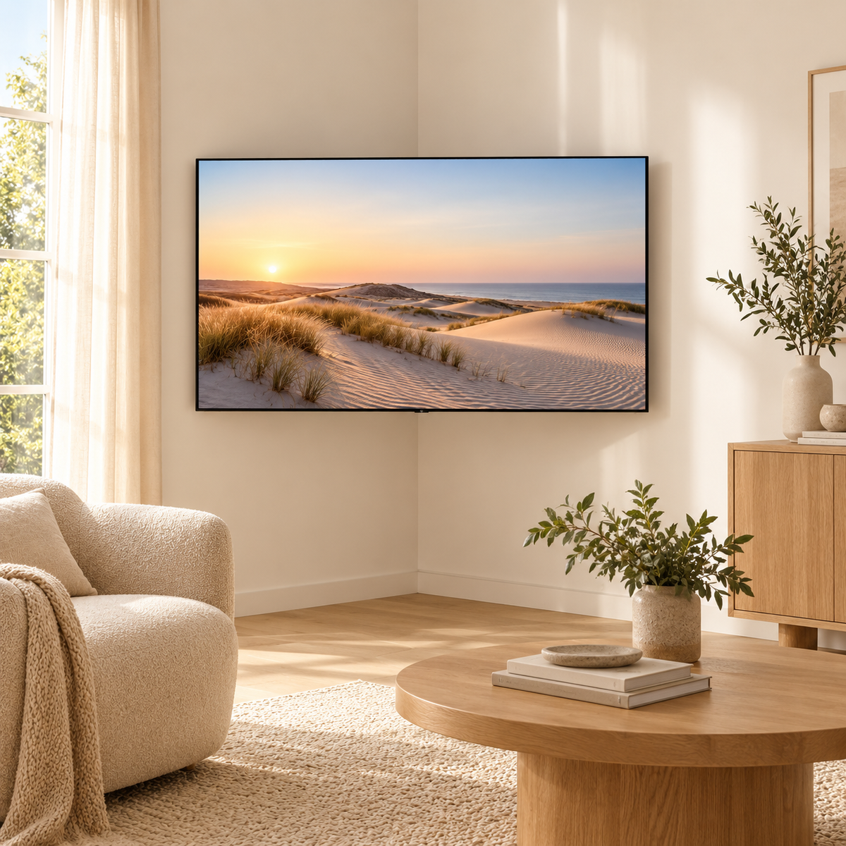 Téléviseur plat installé dans un angle de salon lumineux, avec mobilier en chêne clair et fauteuil beige.