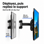 Positions repliée à 8 cm et déployée à 36 cm du support mural TV Motion 65.