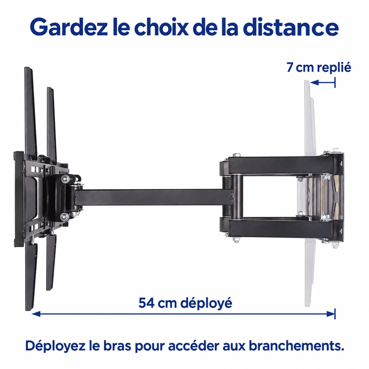 Bras articulé du support TV : distance annoncée de 7 cm replié à 54 cm déployé pour accéder aux branchements.