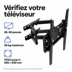 Compatibilité annoncée : TV de 26 à 65 pouces, 30 kg maximum, VESA jusqu’à 400 x 400 mm.