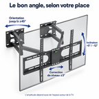Réglages du support : inclinaison +5° et −12°, pivot jusqu’à 45° de chaque côté et correction de niveau ±3°.