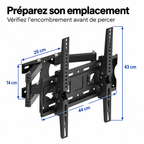 Dimensions du support : avant 44 cm, rails 43 cm, fixation murale 25 x 14 cm.