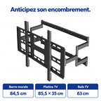 Dimensions Atlas 100 : barre murale 84,5 cm, platine TV 85,5 x 35 cm et rails TV 63 cm.