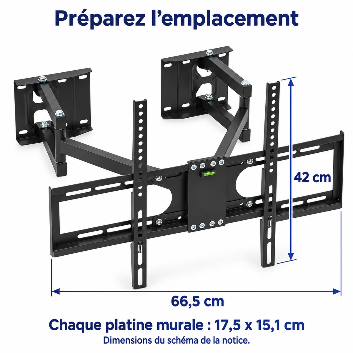 Dimensions de la notice : cadre 66,5 cm, rails 42 cm et platines murales 17,5 x 15,1 cm.
