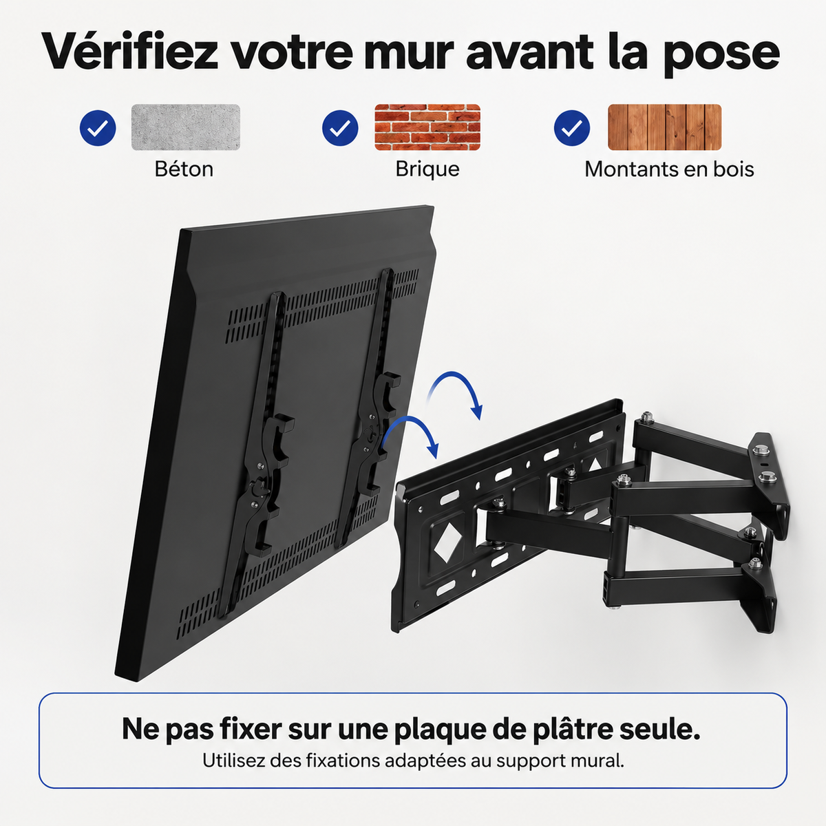 Pose sur béton, brique ou montants en bois ; plaque de plâtre seule exclue.