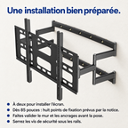 Installation Atlas 100 à deux, avec validation du mur et des ancrages, huit points à partir de 85 pouces et vis de sécurité serrées.