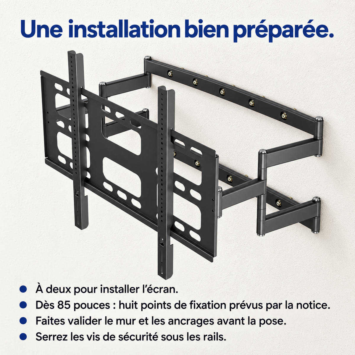 Installation Atlas 100 à deux, avec validation du mur et des ancrages, huit points à partir de 85 pouces et vis de sécurité serrées.