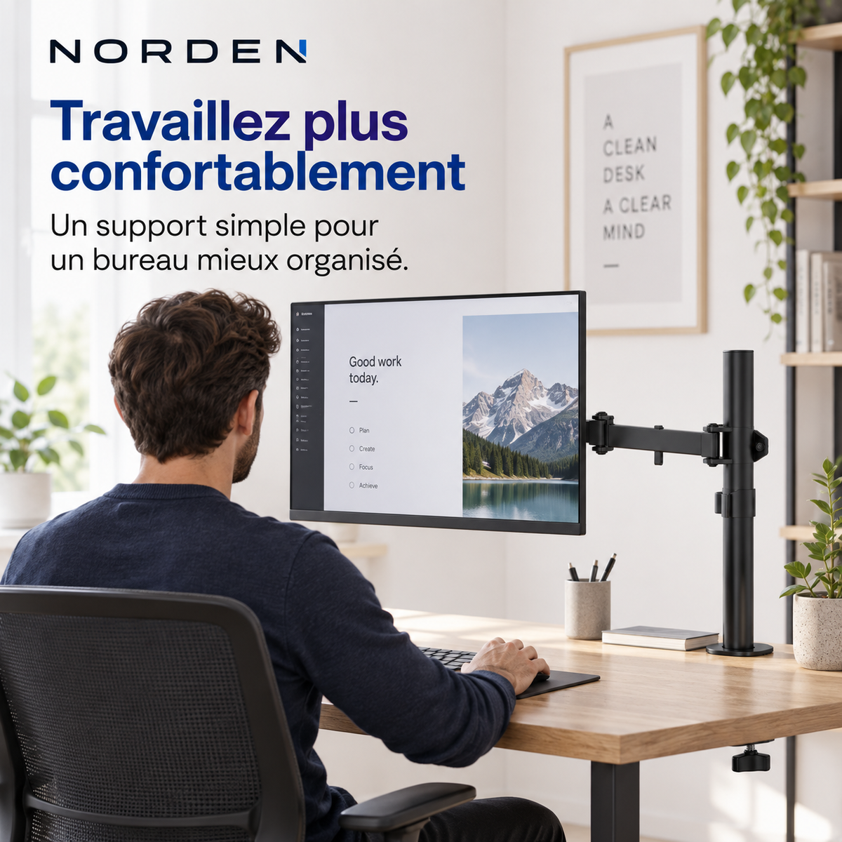 Support écran PC réglable 12–32″ – VESA 75x75 / 100x100 – Norden MonoLift