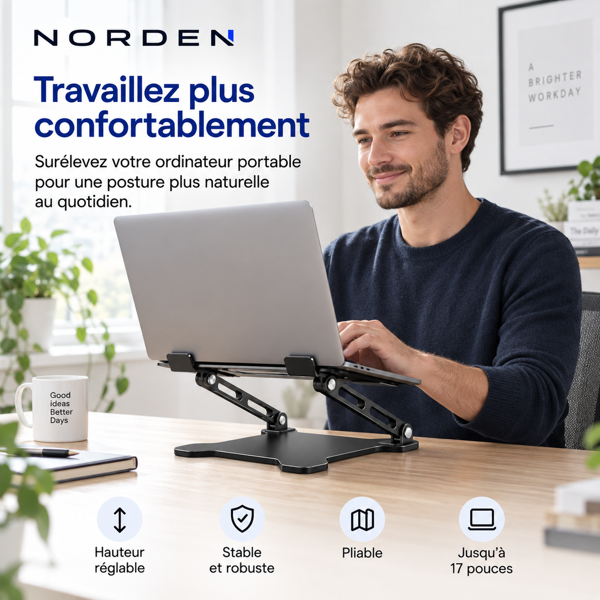 Support ordinateur portable réglable et pliable jusqu’à 17″ – Alliage d’aluminium – Norden ErgoLift
