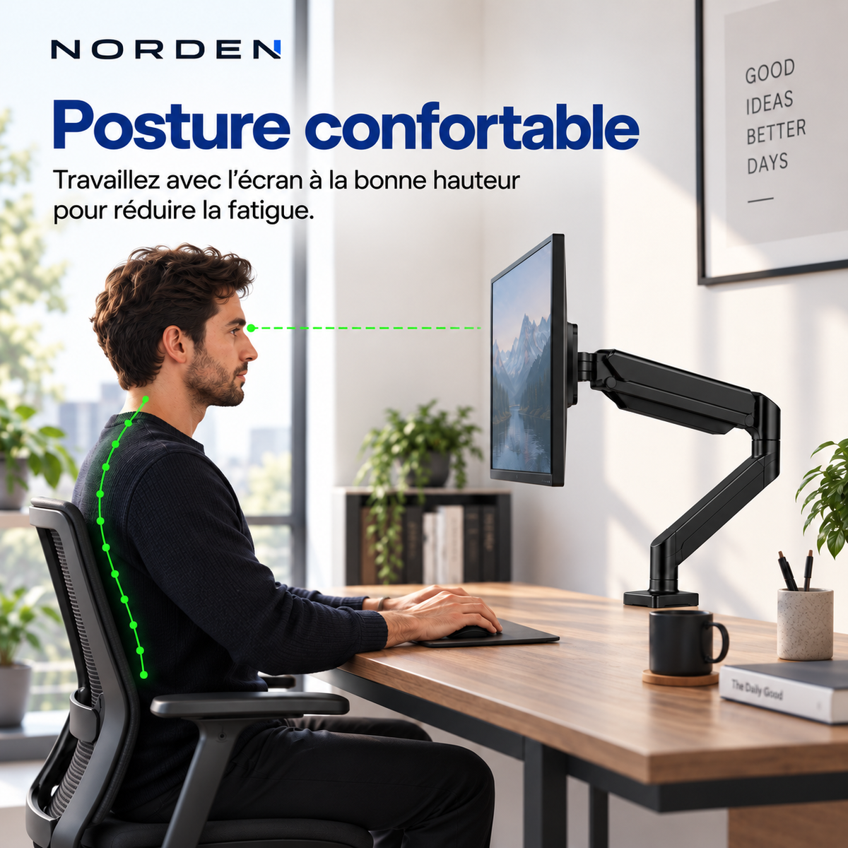 Support écran PC articulé 14–32″ – 10 kg max – Norden FlexArm