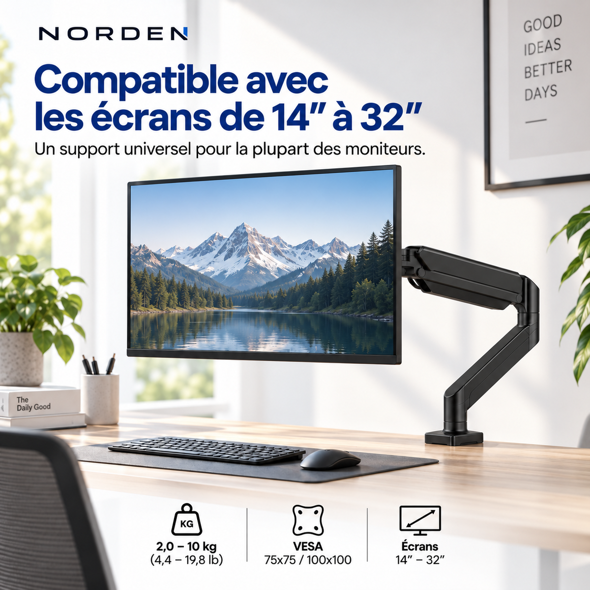 Support écran PC articulé 14–32″ – 10 kg max – Norden FlexArm