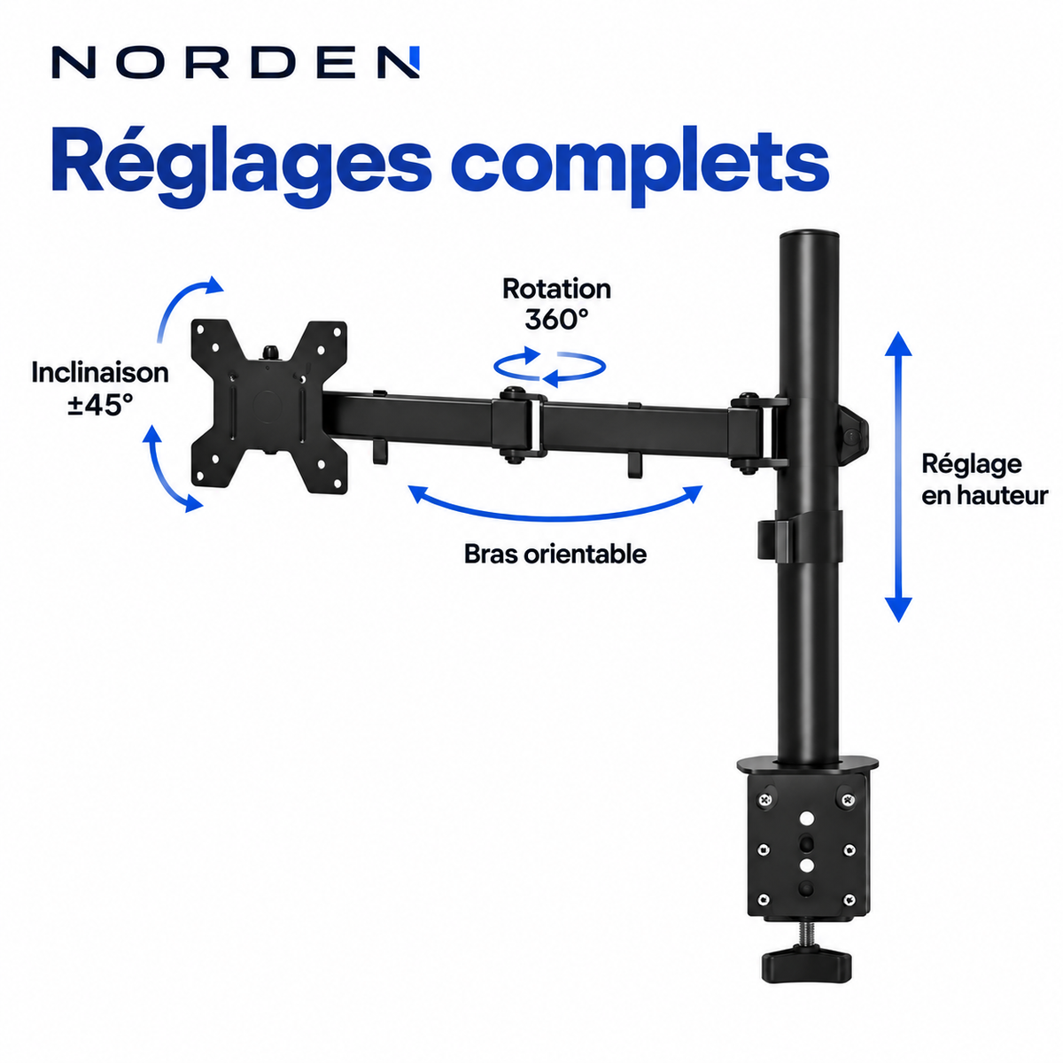 Support écran PC réglable 12–32″ – VESA 75x75 / 100x100 – Norden MonoLift