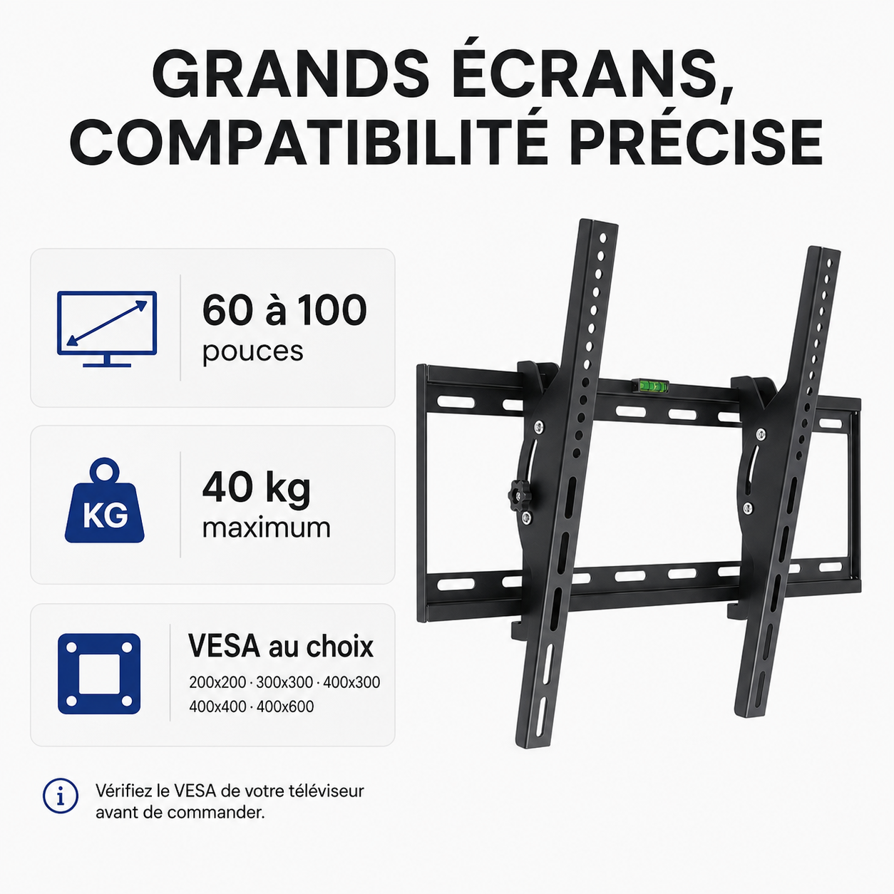 Support mural TV inclinable 60–100" – 40 kg max – Tilt XXL