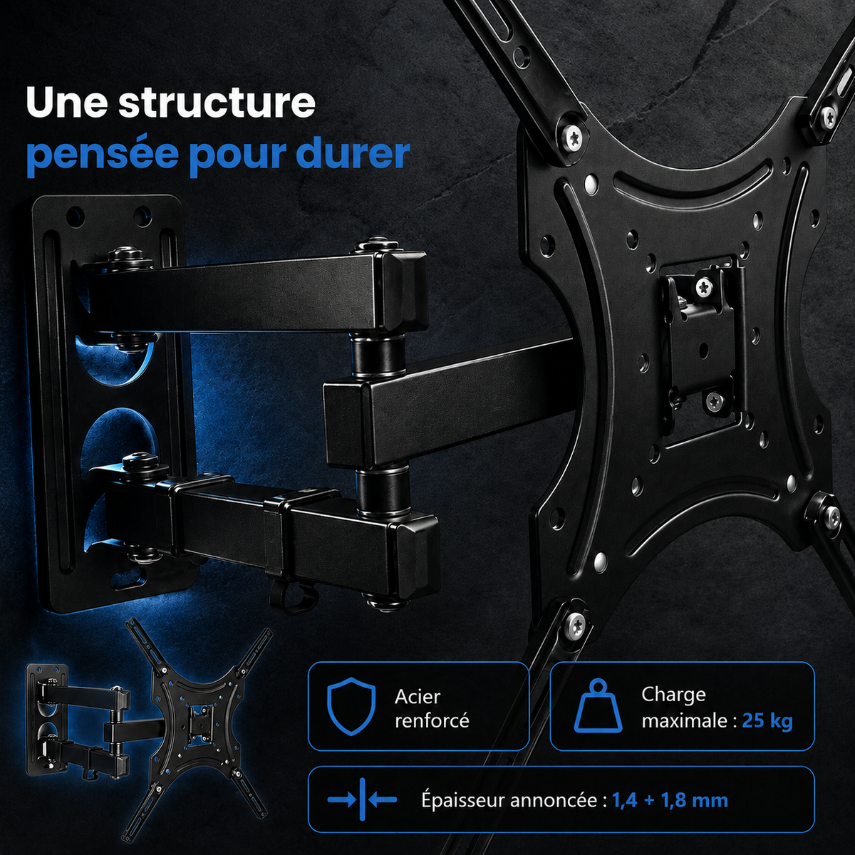 Support mural TV articulé 17–55″ – 25 kg max – Pivot 55