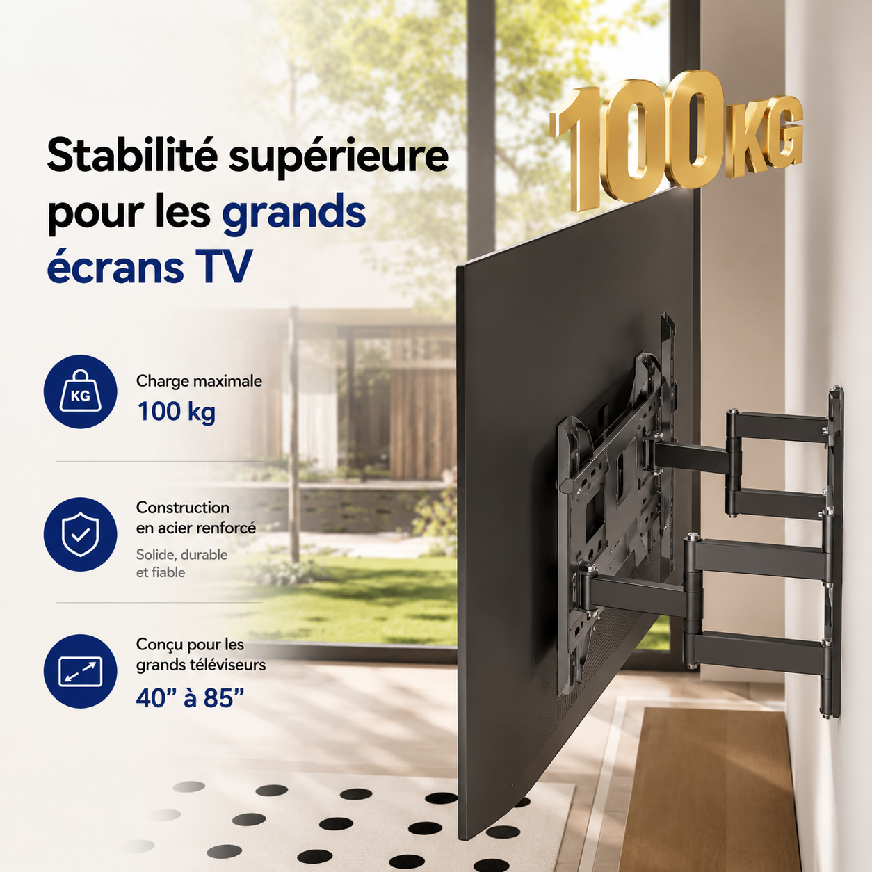 Support mural TV articulé 40–85" – 100 kg max – Motion Pro