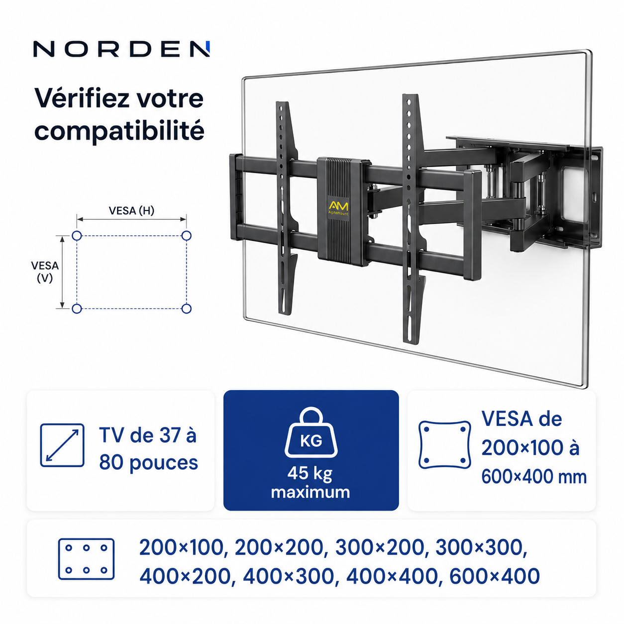 Support mural TV articulé renforcé 37–80″ – 45 kg – Titan 80