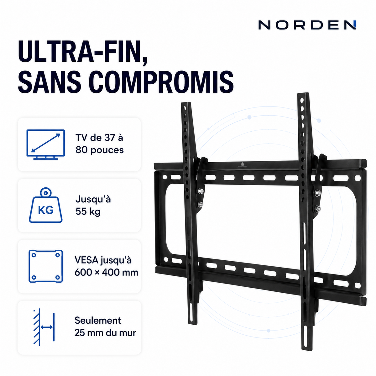 Support mural TV inclinable ultra-fin 37–80″ – 55 kg max – Slim Tilt 80