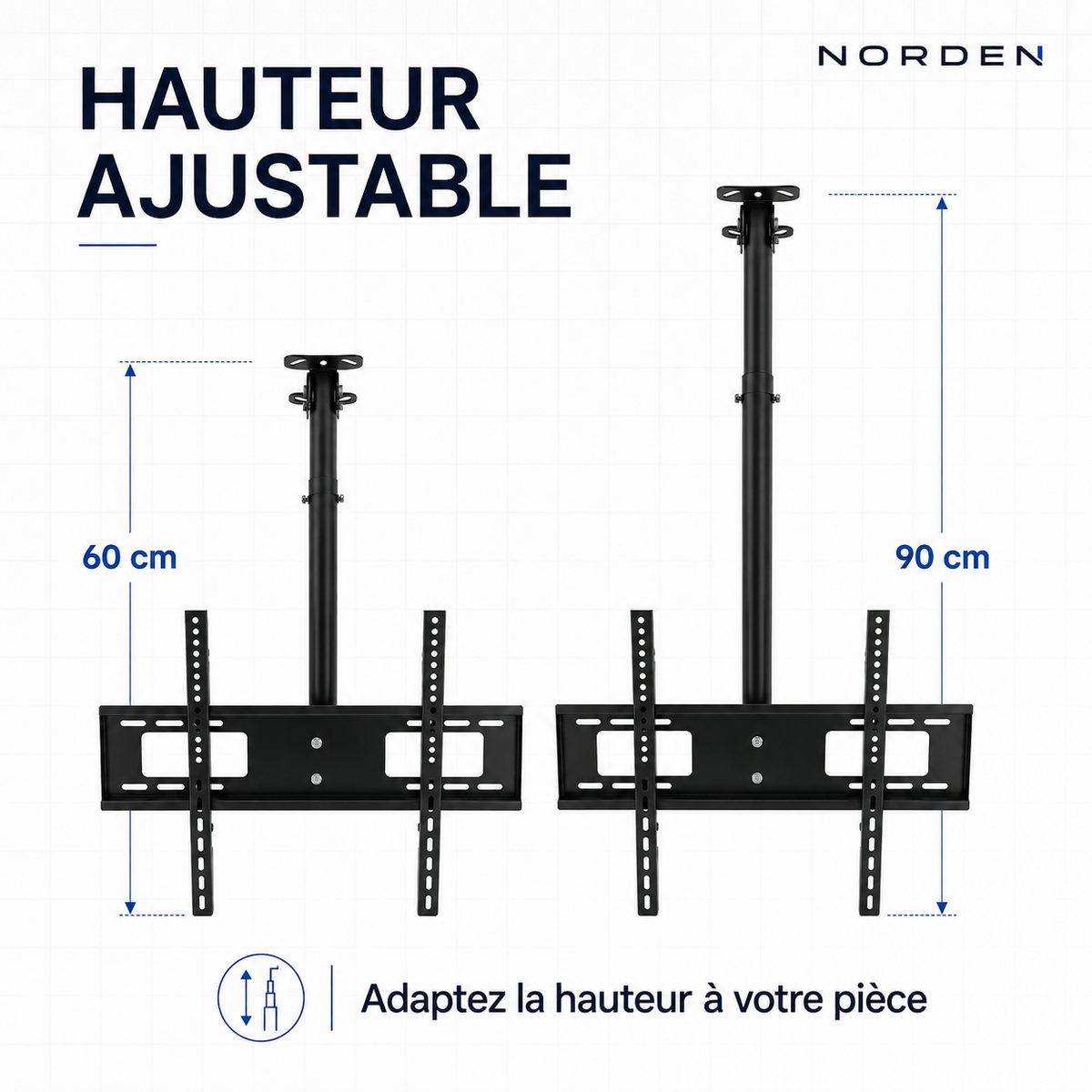 Support plafond TV télescopique 32–75″ – 65 kg max – Elevate XL