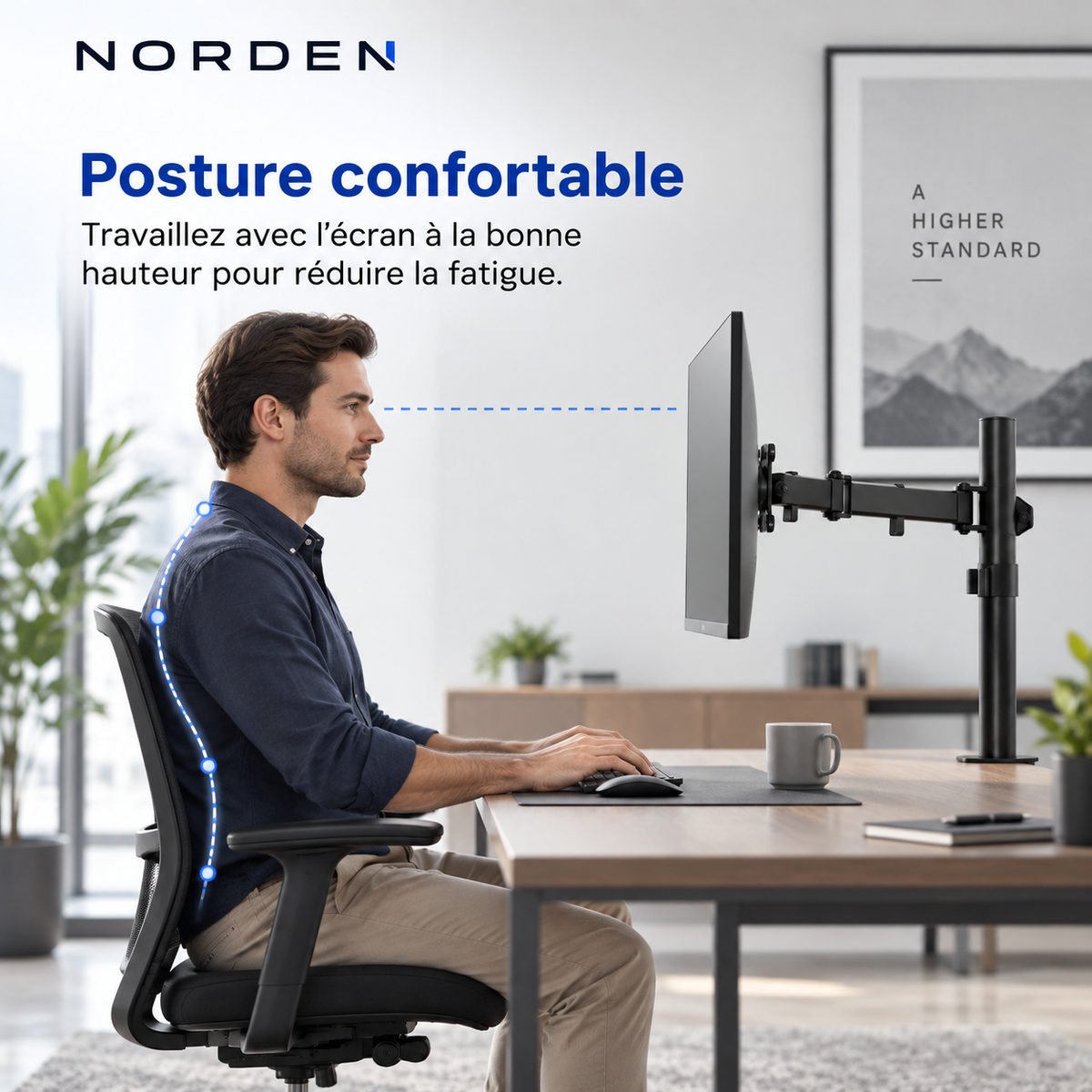 Support écran PC réglable 12–32″ – VESA 75x75 / 100x100 – Norden MonoLift