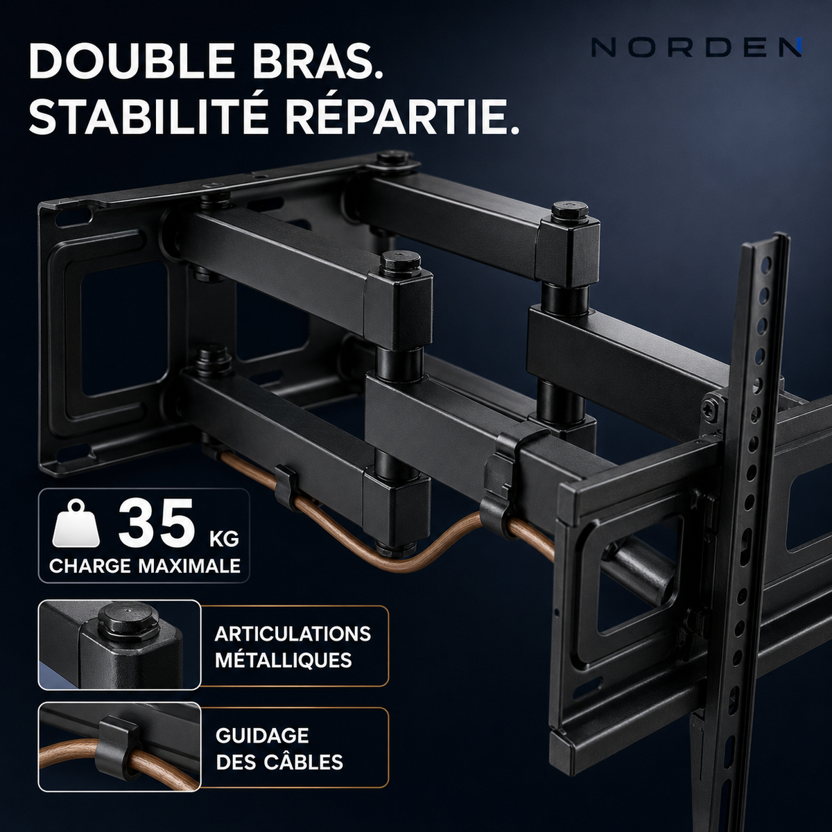 Support mural TV articulé double bras 37–80″ – 35 kg max – Fortis 80