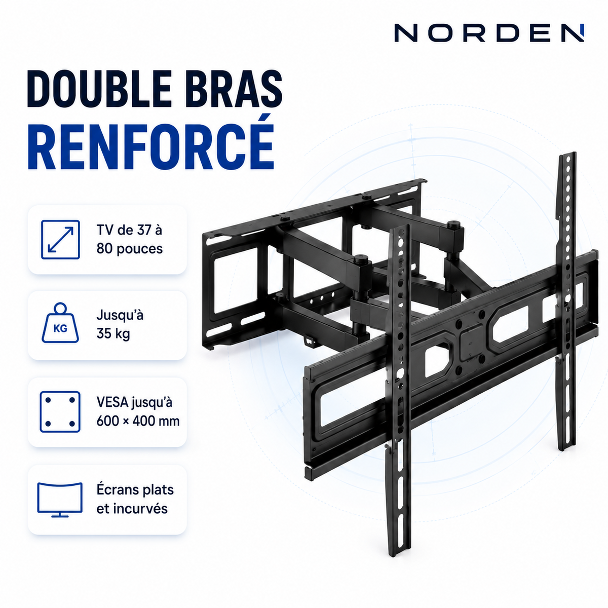 Support mural TV articulé double bras 37–80″ – 35 kg max – Fortis 80