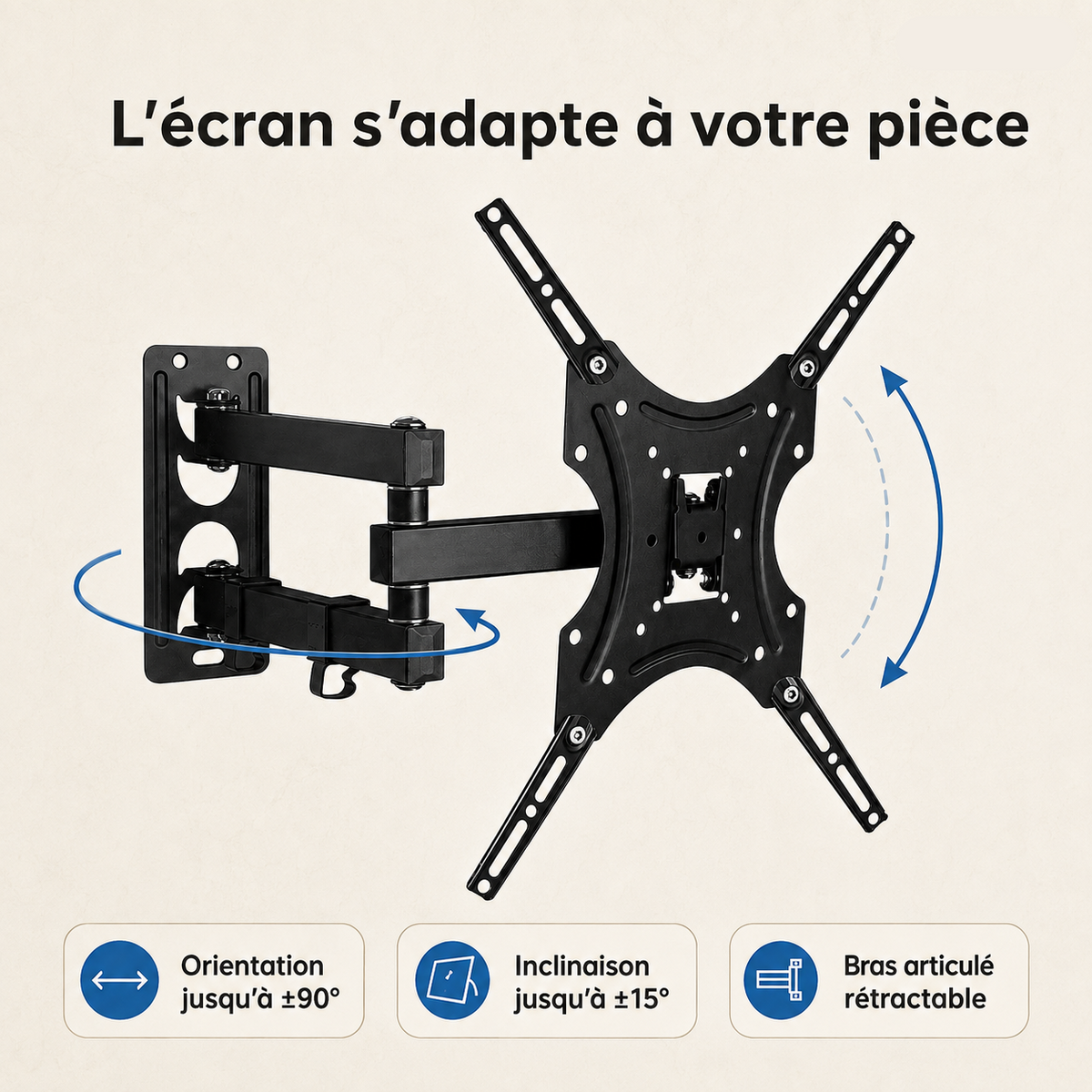 Support mural TV articulé 17–55″ – 25 kg max – Pivot 55
