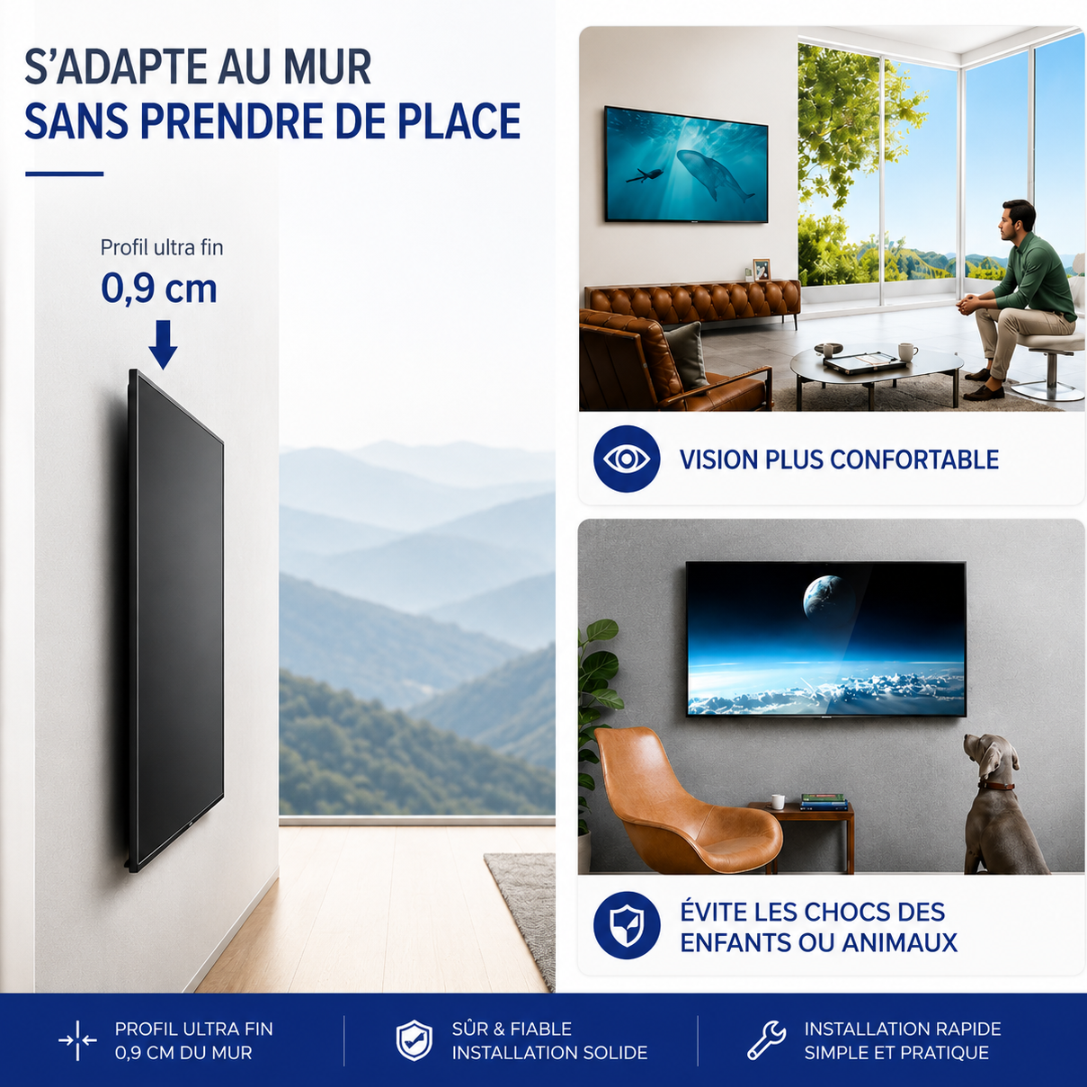Support mural TV fixe 14–42" – 40 kg max – Fix S