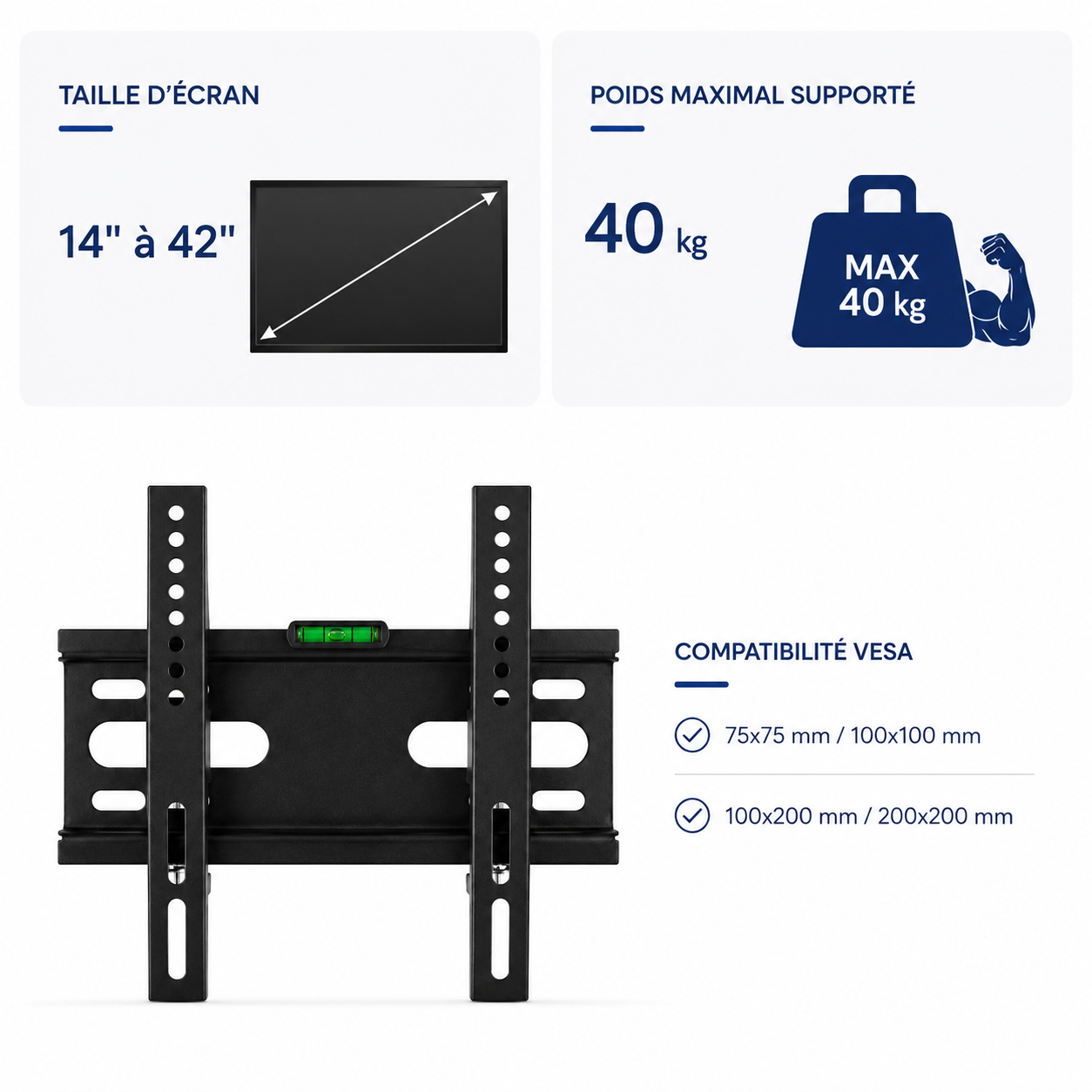 Support mural TV fixe 14–42" – 40 kg max – Fix S