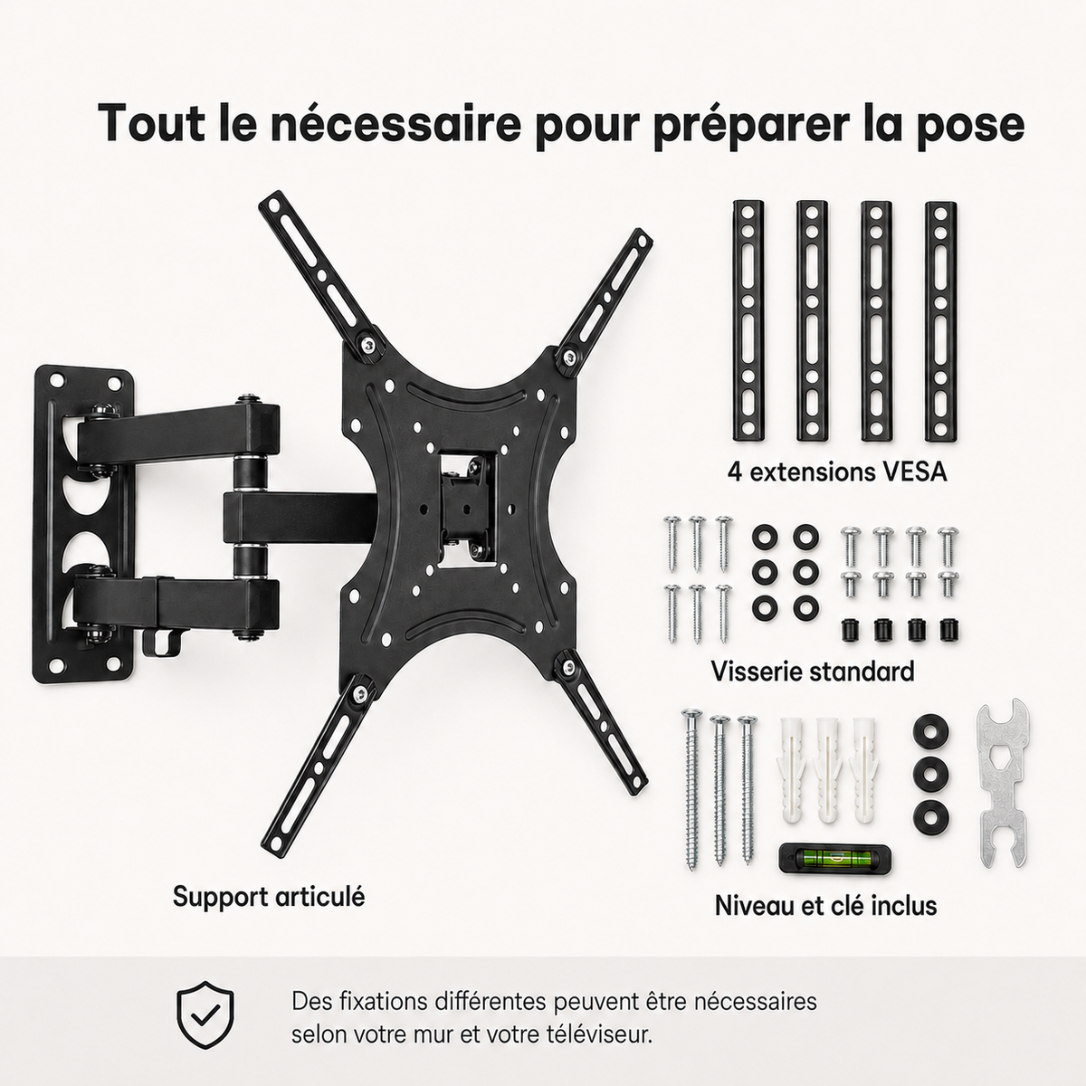 Support mural TV articulé 17–55″ – 25 kg max – Pivot 55