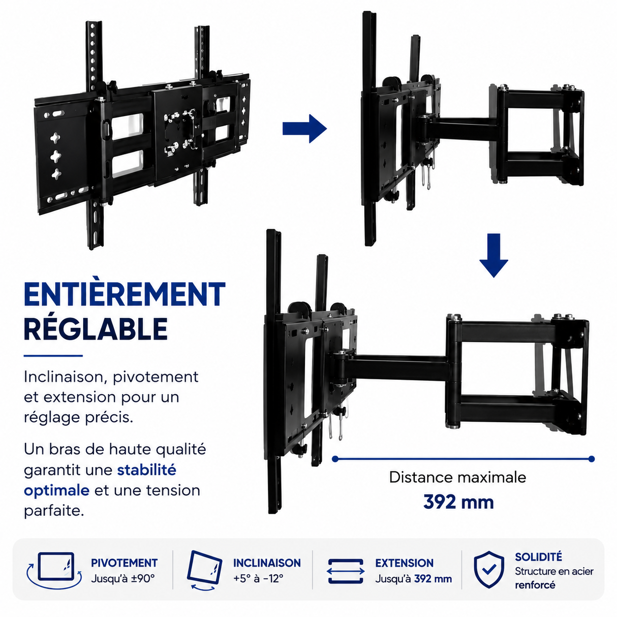 Support mural TV articulé 32–70" – 50 kg max – Motion M