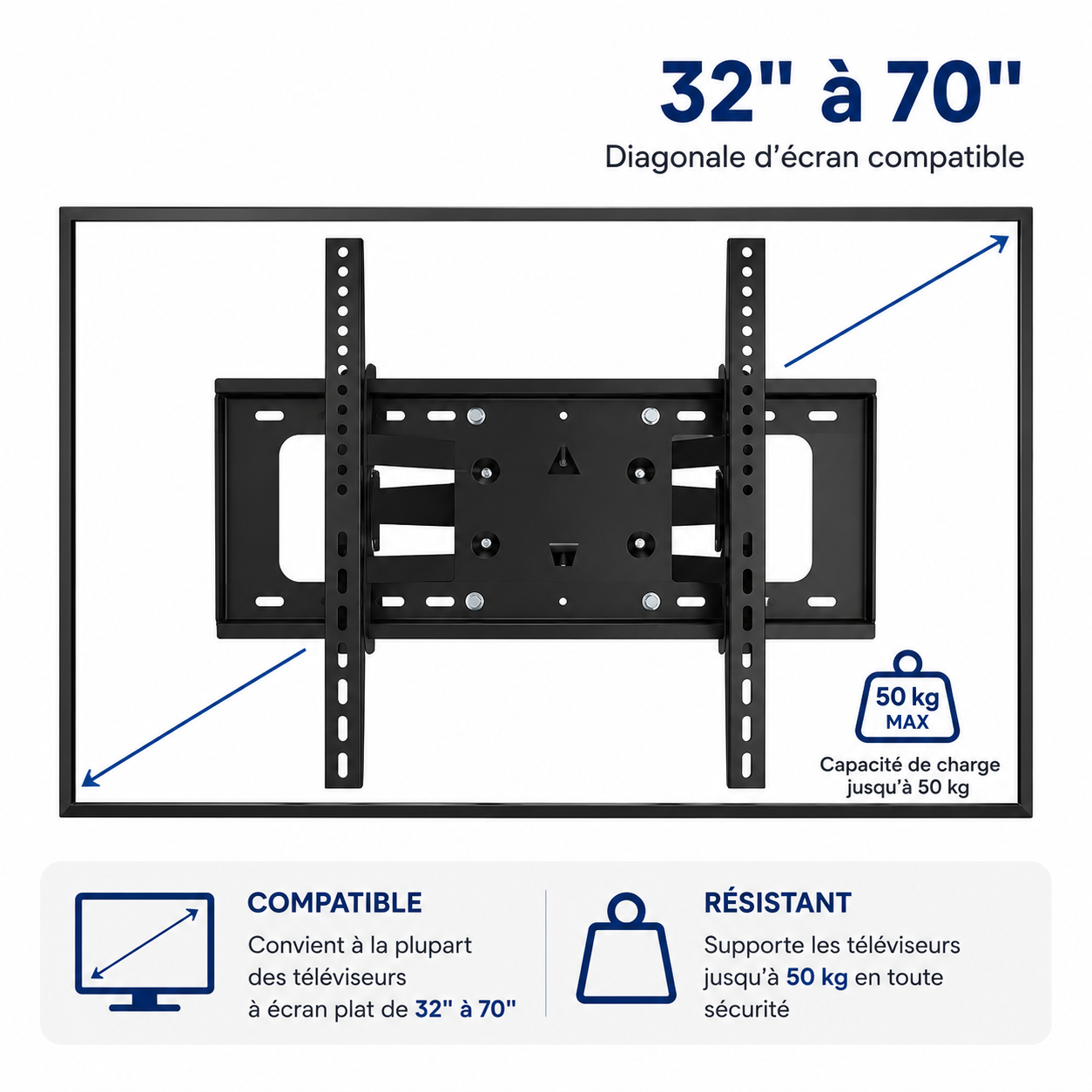 Support mural TV articulé 32–70" – 50 kg max – Motion M