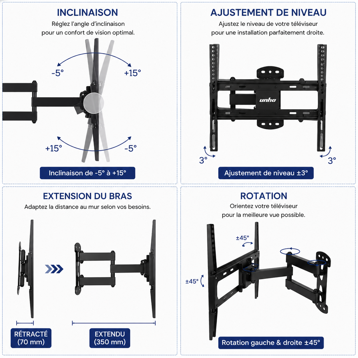 Support mural TV articulé 26–55" – 30 kg max – Motion S