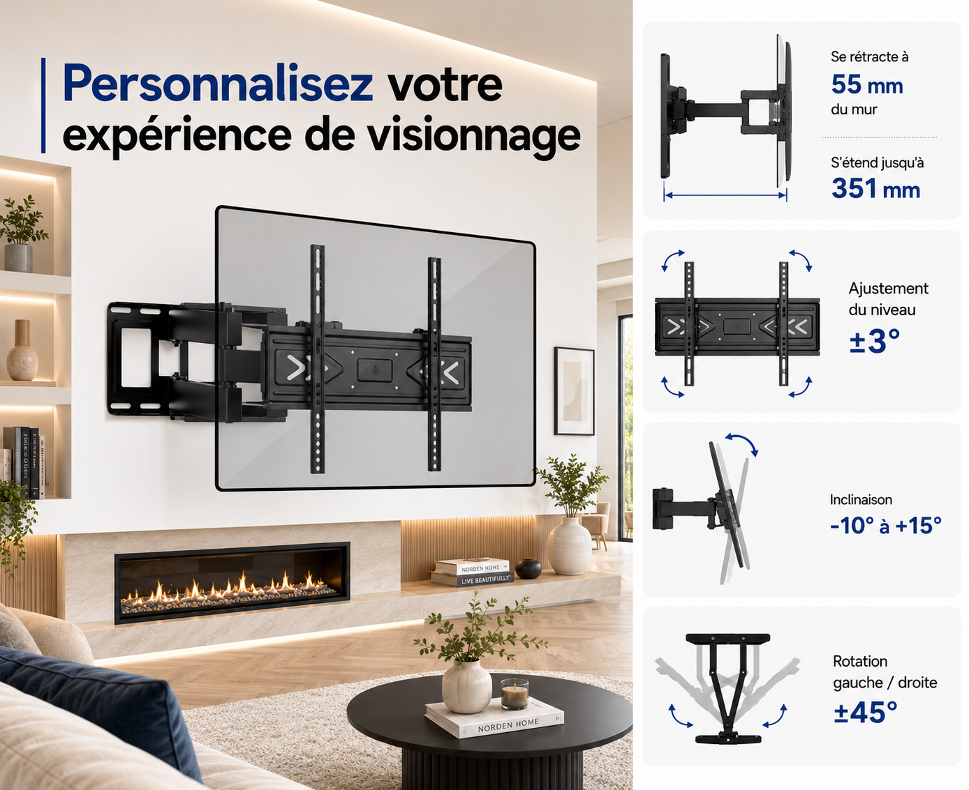 Support mural TV articulé 40–80" – 55 kg max – Motion L
