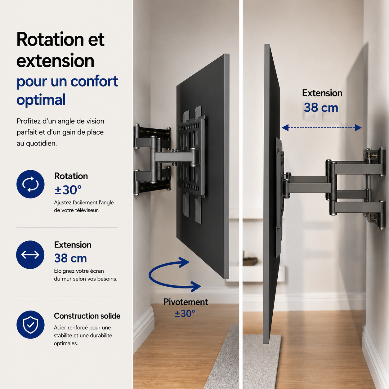Support mural TV articulé 40–85" – 100 kg max – Motion Pro
