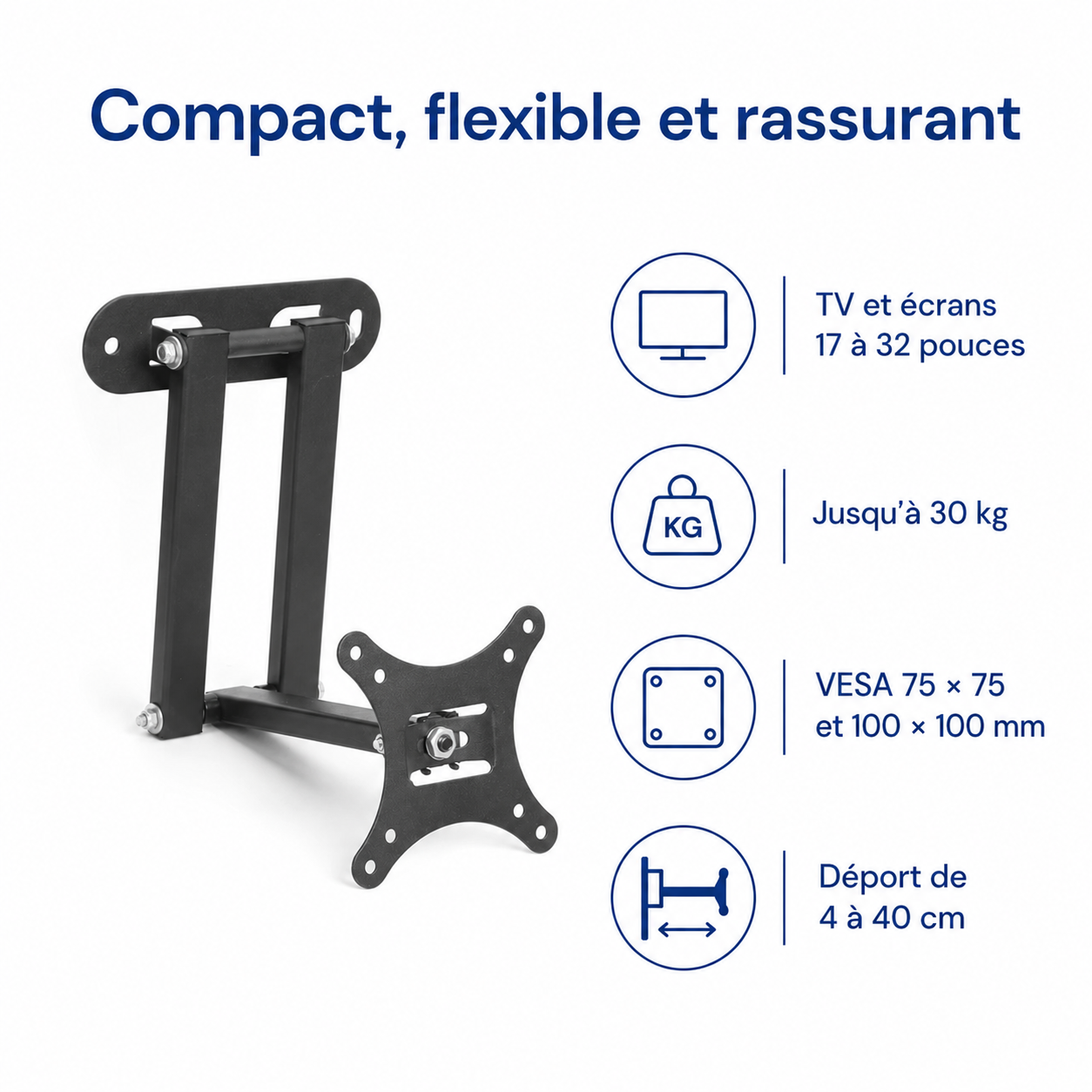 Support mural TV articulé 17–32″ – 30 kg max – Motion Mini