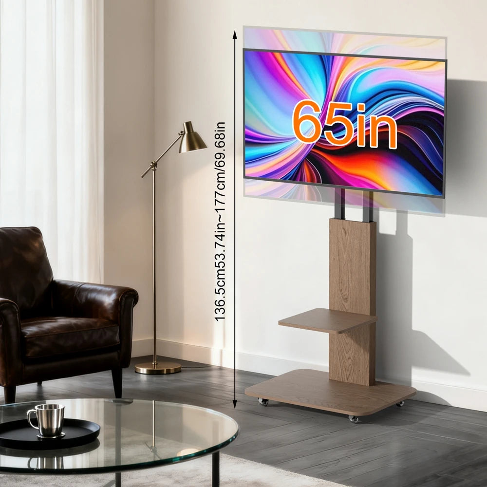 Heavy Duty Steel TV Stand Rolling Wood TV Cart with Shelf for 40-75 Inches LED LCD Height Adjustable