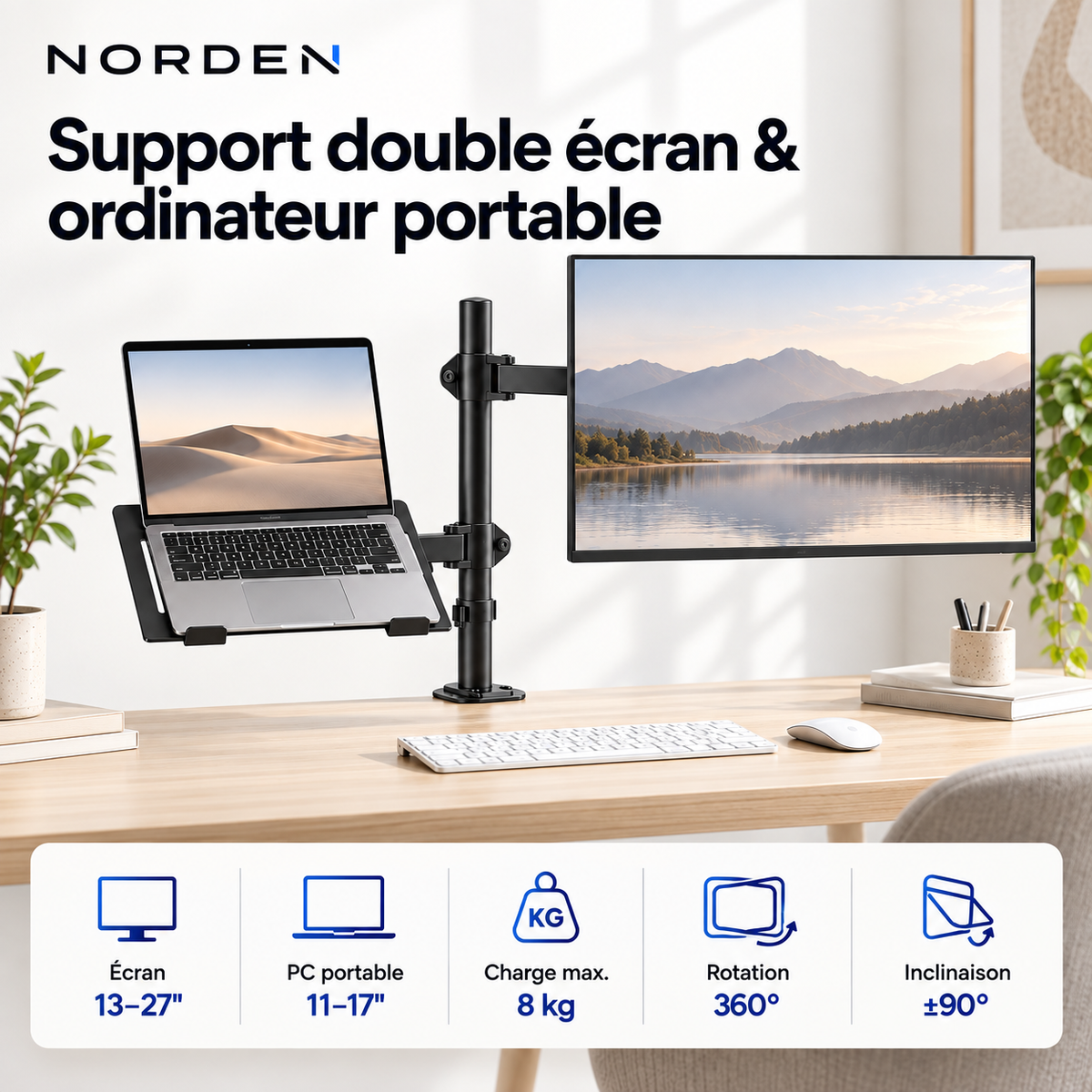 Support écran PC & ordinateur portable 13–27″ / jusqu’à 17″ – 8 kg max – Desk Duo