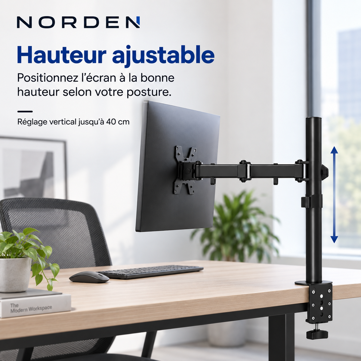 Support écran PC réglable 12–32″ – VESA 75x75 / 100x100 – Norden MonoLift