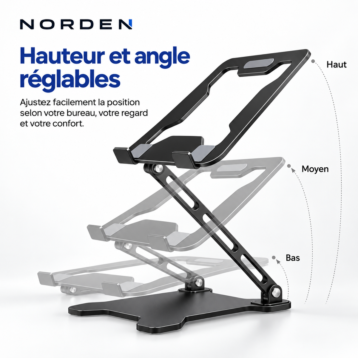 Support ordinateur portable réglable et pliable jusqu’à 17″ – Alliage d’aluminium – Norden ErgoLift
