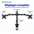 Support double écran PC articulé 15–32″ – 16 kg max / bras – Norden DuoFlex