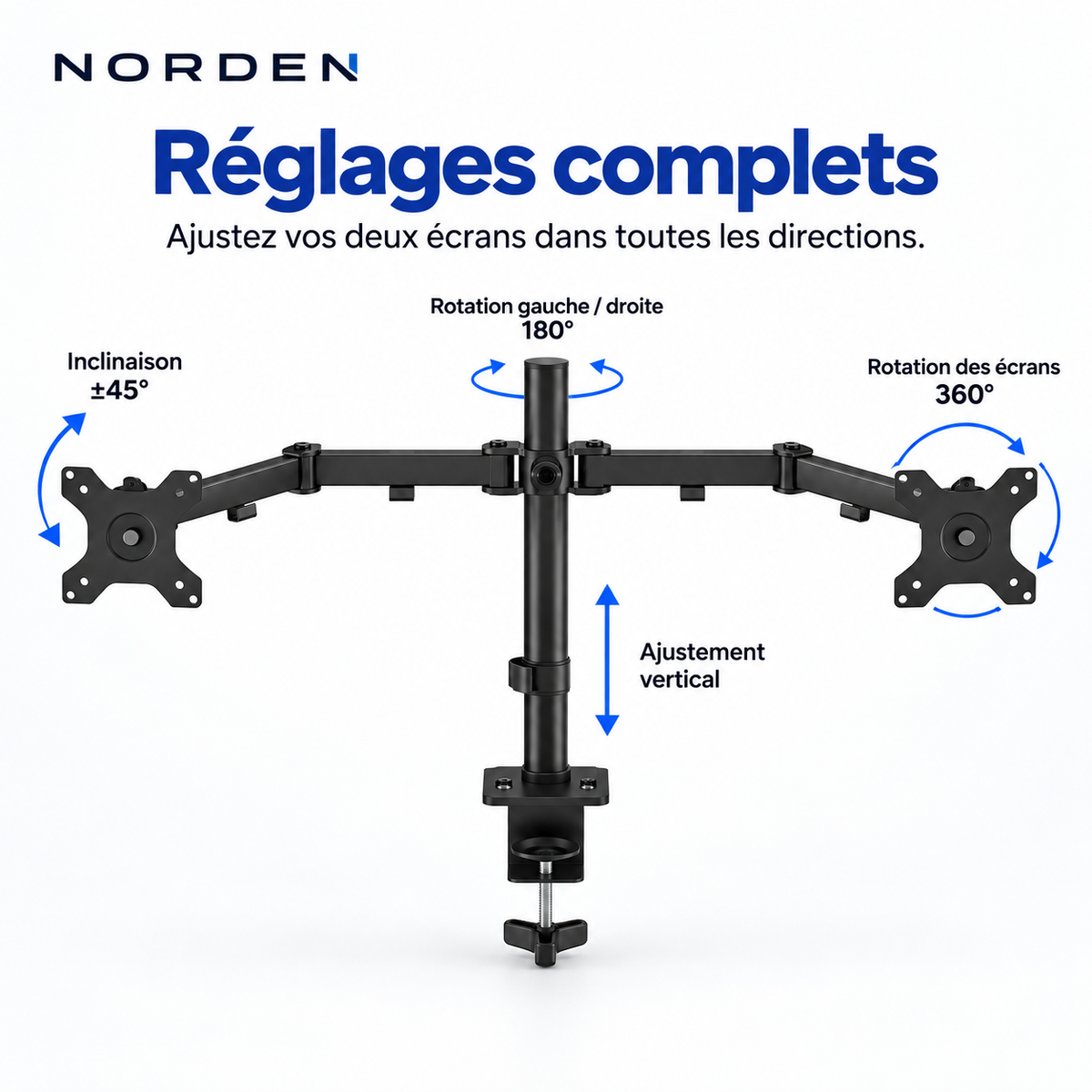 Support double écran PC articulé 15–32″ – 16 kg max / bras – Norden DuoFlex