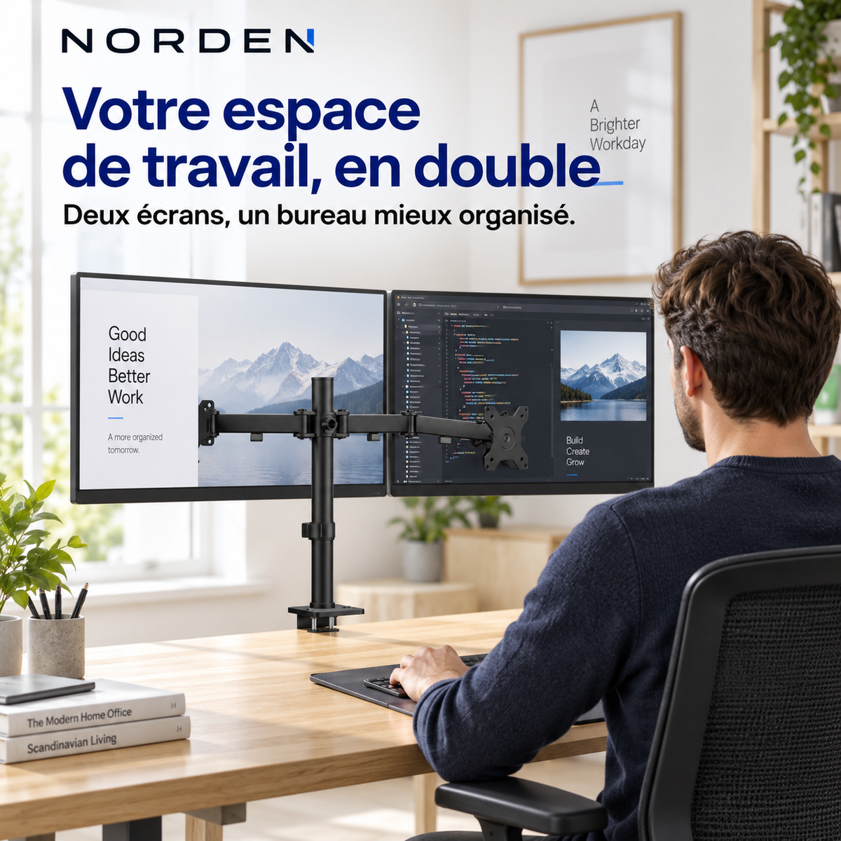 Support double écran PC articulé 15–32″ – 16 kg max / bras – Norden DuoFlex