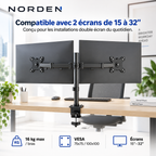 Support double écran PC articulé 15–32″ – 16 kg max / bras – Norden DuoFlex