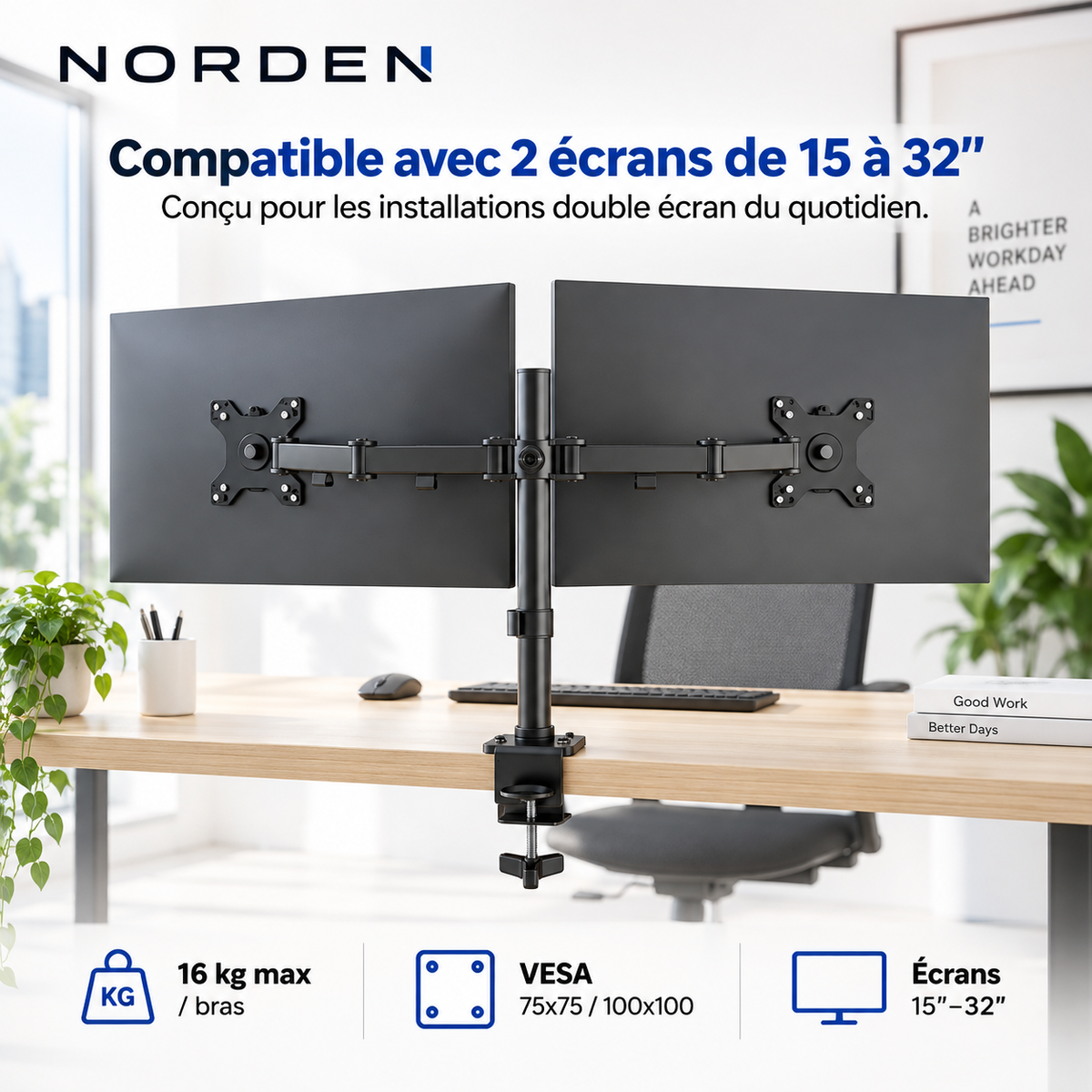 Support double écran PC articulé 15–32″ – 16 kg max / bras – Norden DuoFlex